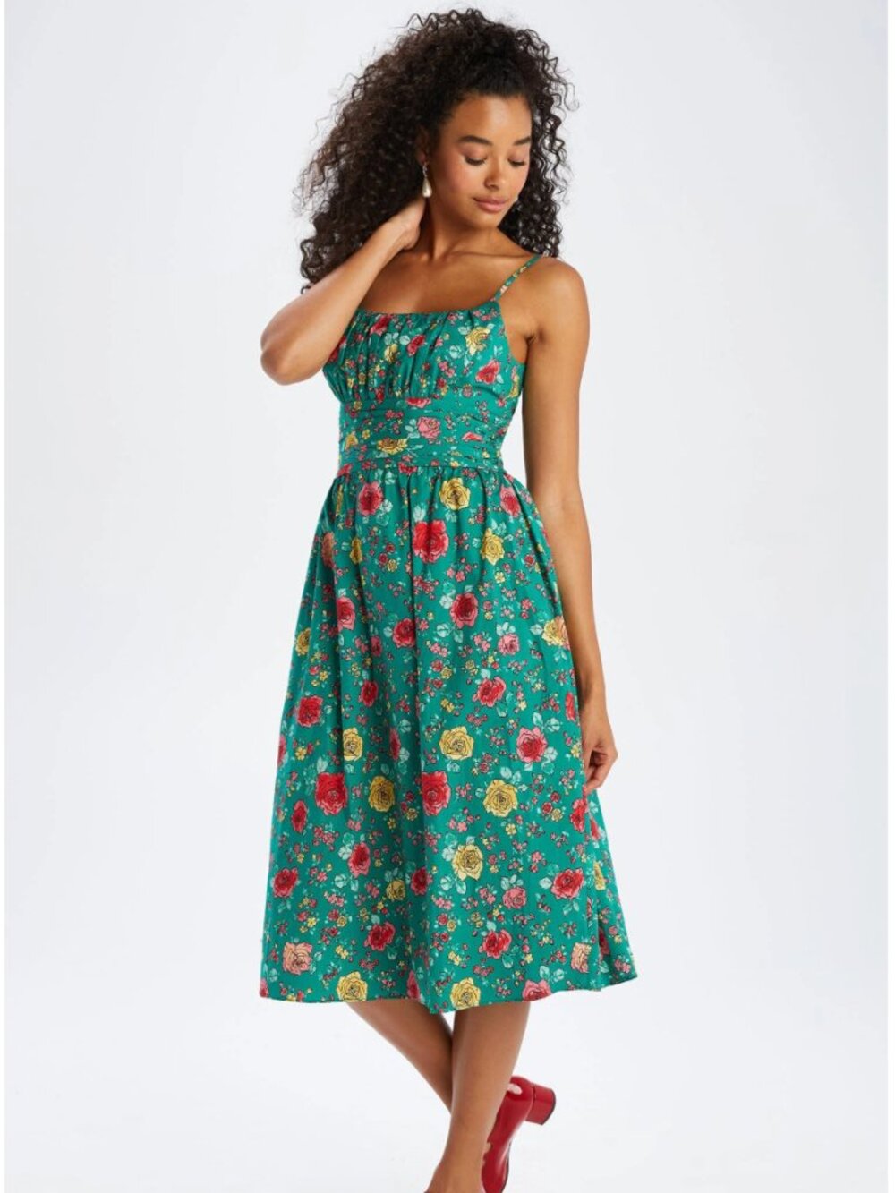 HVN Green Lucy Strappy Cotton Ruched Dress with Roses Print Size 2